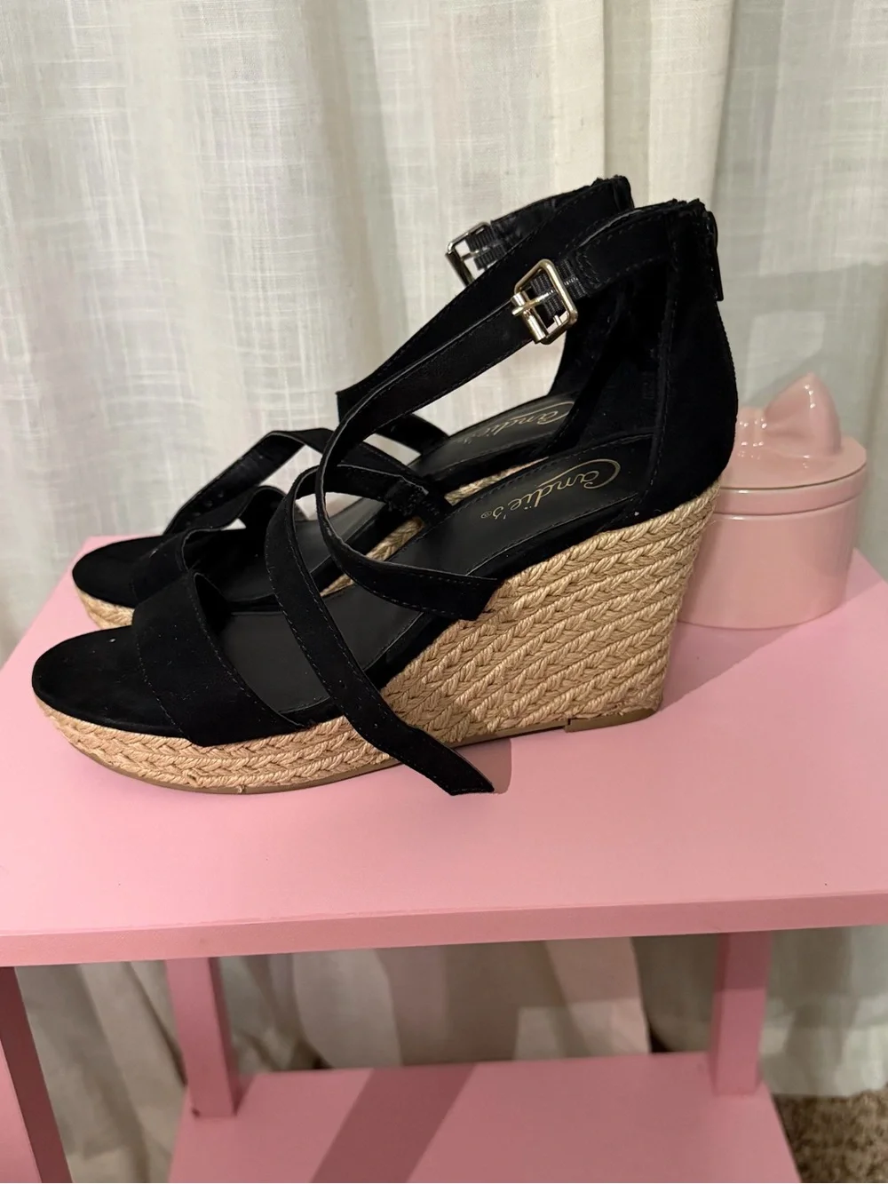 Candie's Black Strappy Espadrille Wedge Sandals